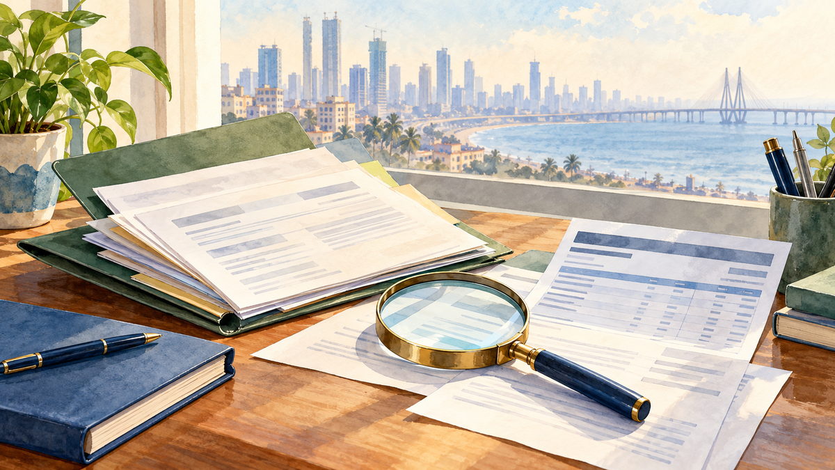 Investor reviewing transaction documents and a demat statement with a magnifying glass